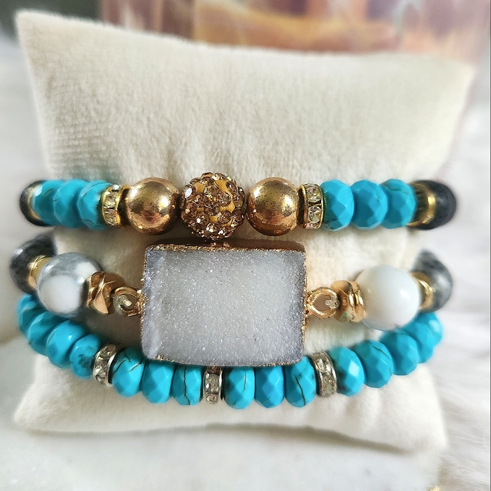 NWT Ryze Natural Lava Stone, Druzy, Larvikite, & Turquoise Bead Staxx Bracelets